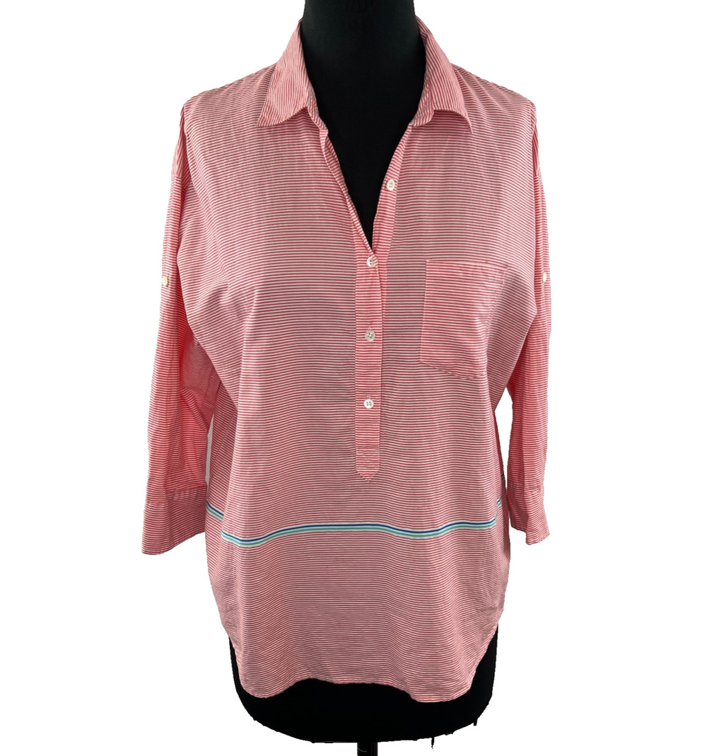 J.CREW Boyfriend Popover In Placed Striped Shirt Top Coral Orange Henley 8